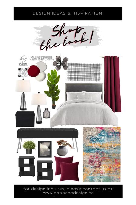 Burgundy and Gray Modern Bedroom Decor | bedroom home decor | bedroom moodboard | bedroom concept board | bed, nightstand, bed bench, rug, side tables, side chair, nightstand lamps, table lamps, chandelier, ceiling fan, ceiling light, floor lamp, faux plants, vases, mirror, artwork, pillows, bedding, curtains, window treatments, candle holders modern home, modern home decor, glam home. #moodboard

#LTKhome #LTKsalealert