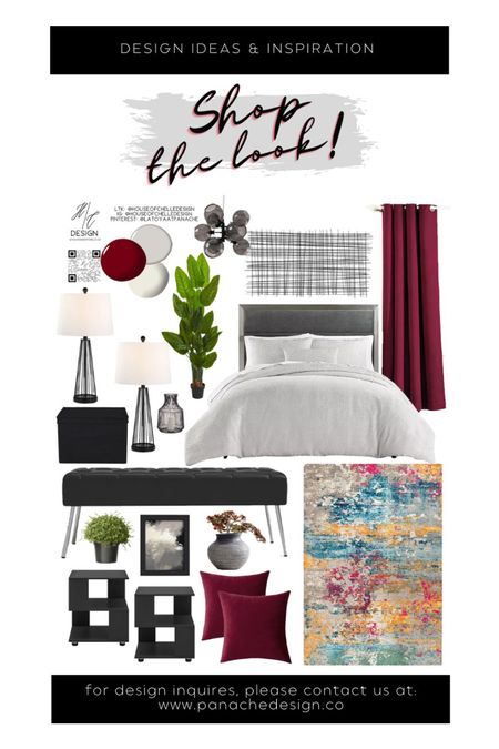 Burgundy and Gray Modern Bedroom Decor | bedroom home decor | bedroom moodboard | bedroom concept board | bed, nightstand, bed bench, rug, side tables, side chair, nightstand lamps, table lamps, chandelier, ceiling fan, ceiling light, floor lamp, faux plants, vases, mirror, artwork, pillows, bedding, curtains, window treatments, candle holders.

#LTKhome #LTKsalealert