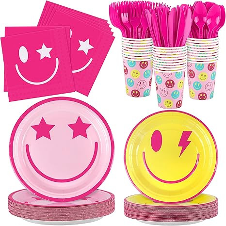 durony 210 Pieces Preppy Smiley Face Party Decorations Tableware Set Disposable Paper Smile Face ... | Amazon (US)