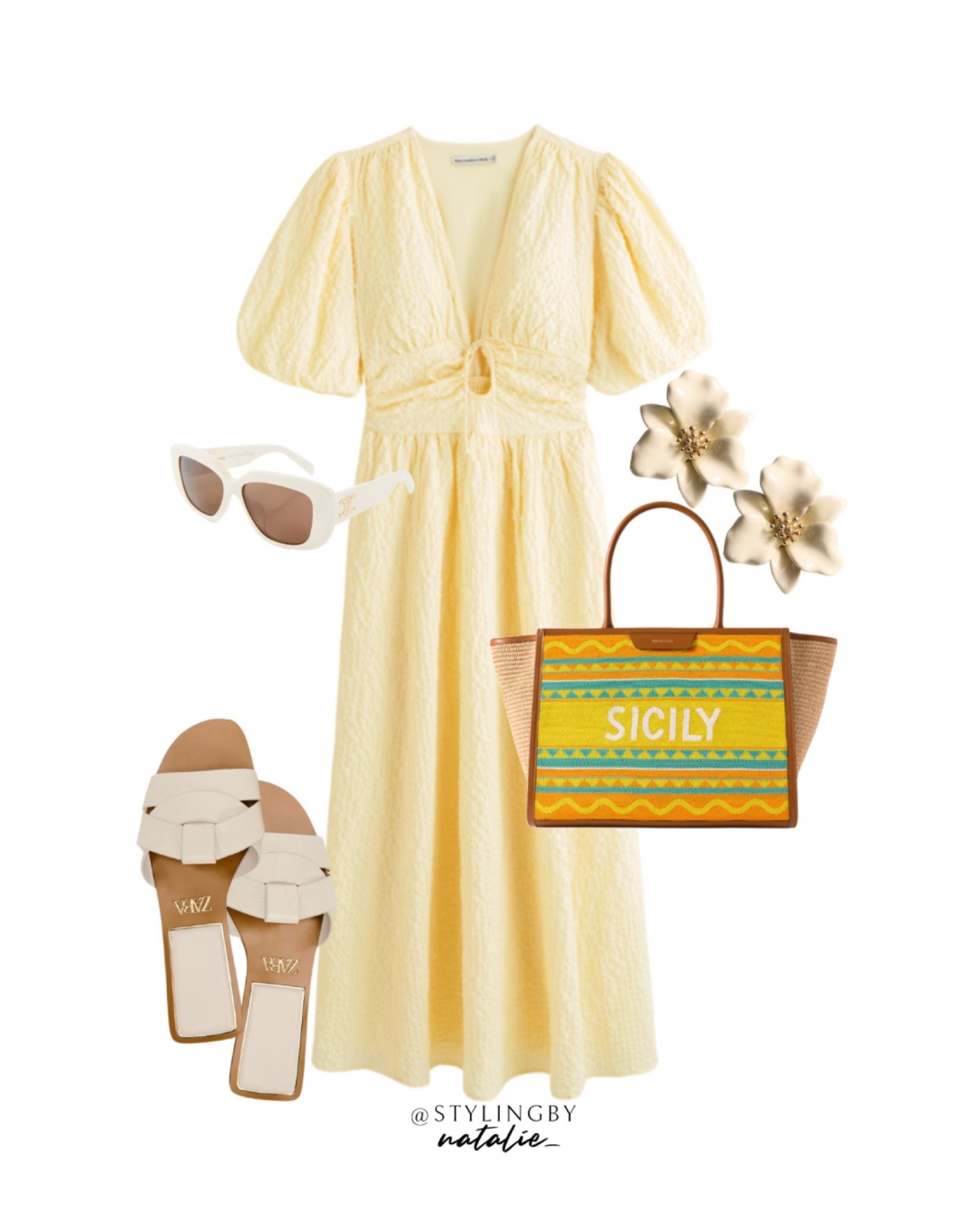 Tie front maxi dress, yellow dress , Sicily beaded tote bag, flower earrings, celine sunglasses & flat sandals. Sun dress, summer dress, vacation look, holiday dress. 

#LTKstyletip #LTKsummer #LTKeurope