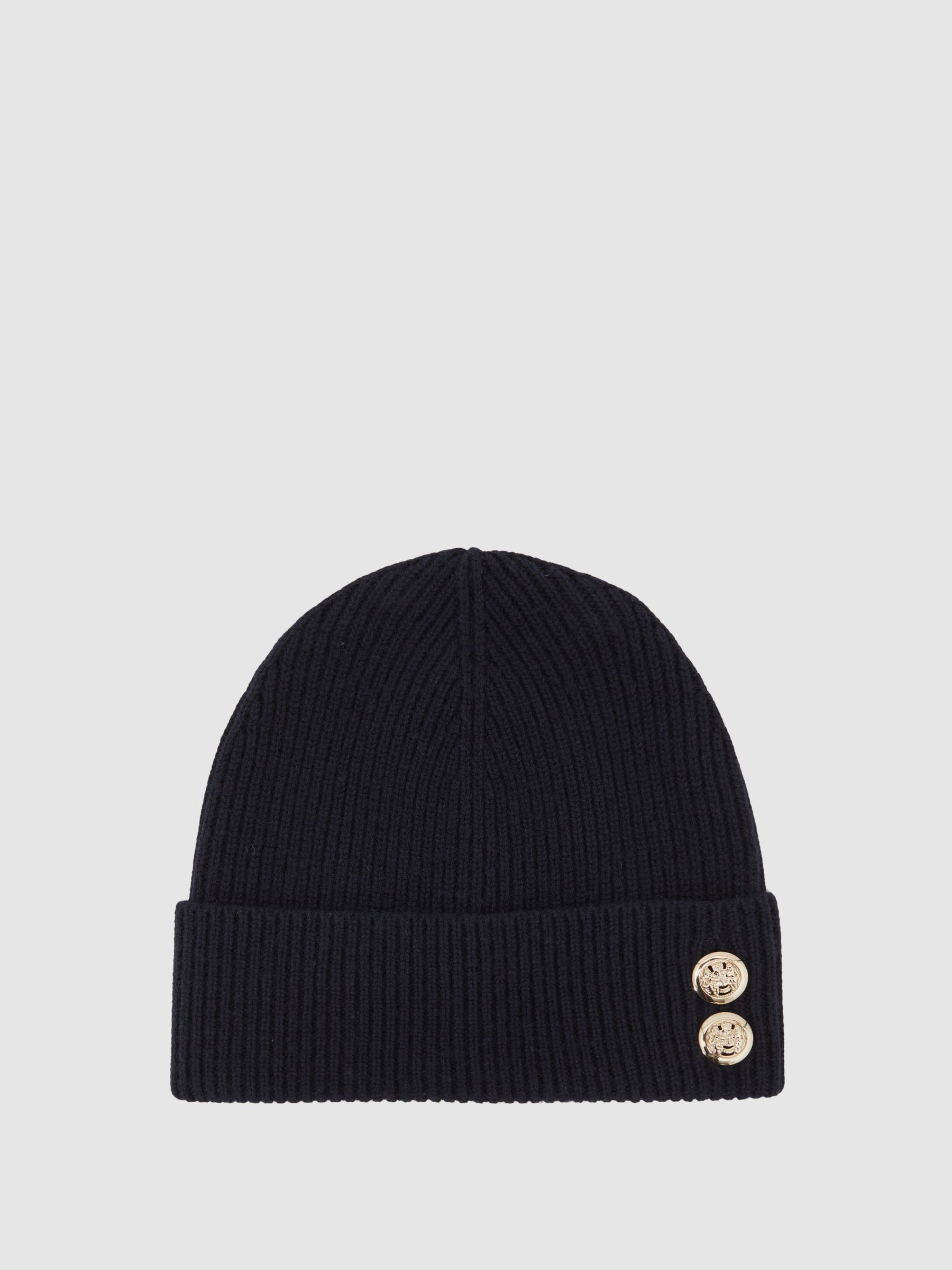 Reiss Merino Wool Blend Button Beanie With Cashmere in Navy - REISS | Reiss UK