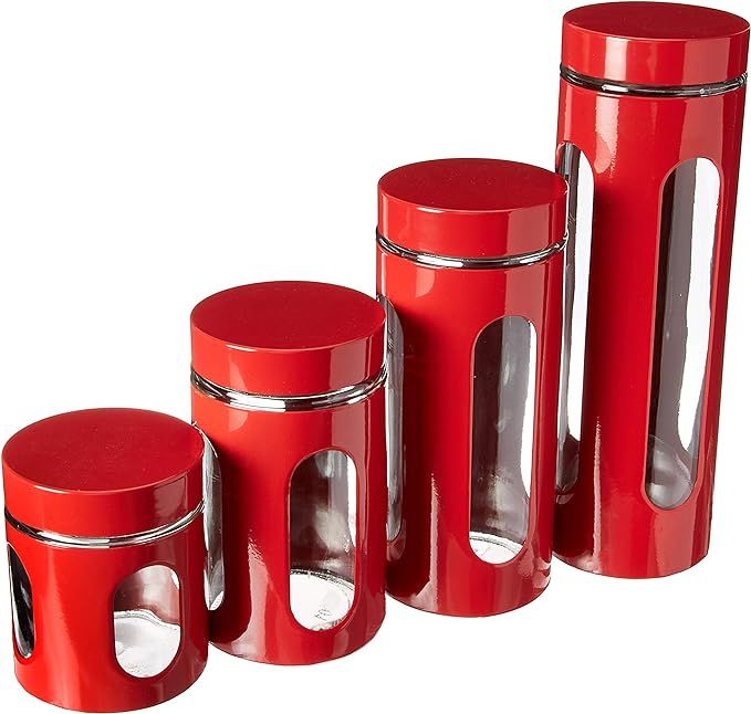 Home Basics 4-Piece Glass Canister Cylinder Set with Clear Window (Red) | Amazon (US)