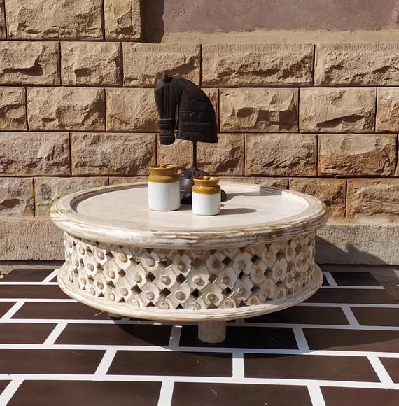 Wood Coffee Table Curved Table in Mango Lattice Round Coffee - Etsy | Etsy (US)