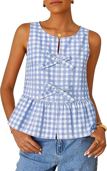ZESICA Women's Summer Sleeveless Gingham Tank Tops 2026 Crewneck Tie Front Top Loose Ruffle Peplu... | Amazon (US)