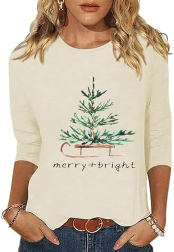 Christmas Shirts Women Merry Christmas Tree Santa Claus T-Shirts 3/4 Sleeve Xmas Holiday Graphic ... | Amazon (US)