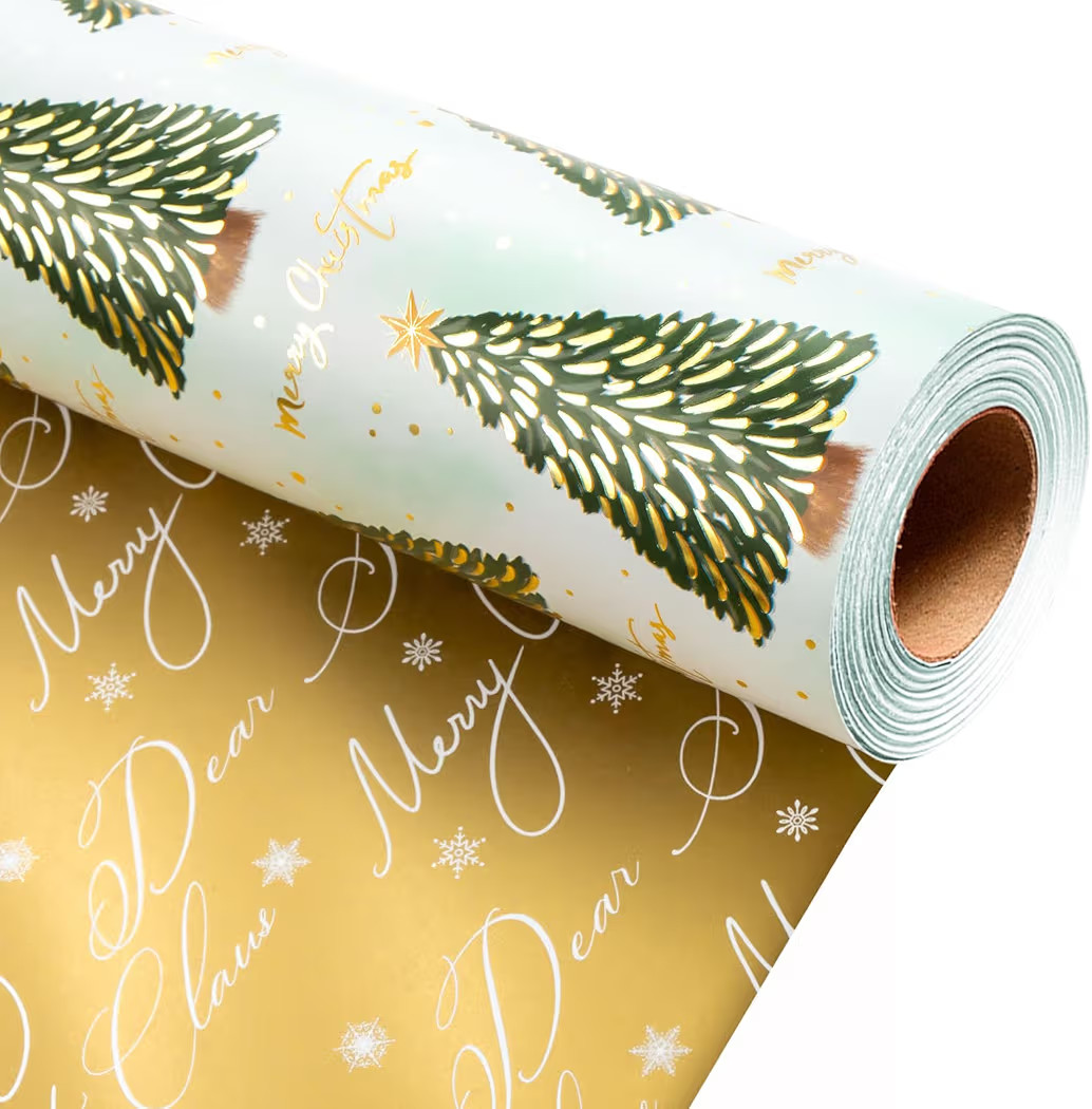 Retrify Reversible Christmas Wrapping Paper - Green Christmas Tree Design Metallic Gold Foil Shin... | Amazon (US)
