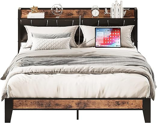 LIKIMIO Full Size Bed Frame, Storage Headboard with Charging Station, Solid and Stable, Noise Fre... | Amazon (US)