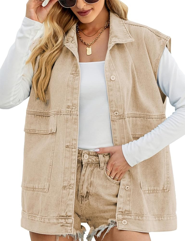 Zontroldy Denim Jean Vest for Women Oversized Sleeveless Button Down Denim Jean Vest Waistcoat Sh... | Amazon (US)