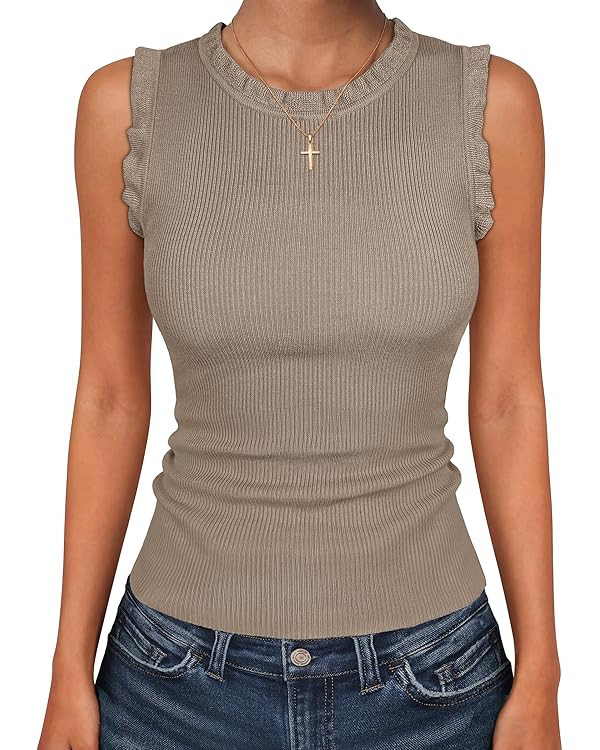 ANRABESS Ribbed Tank Tops for Women Crew Neck Ruffle Sweater Vest Cute Sleeveless Shirts 2026 Sum... | Amazon (US)