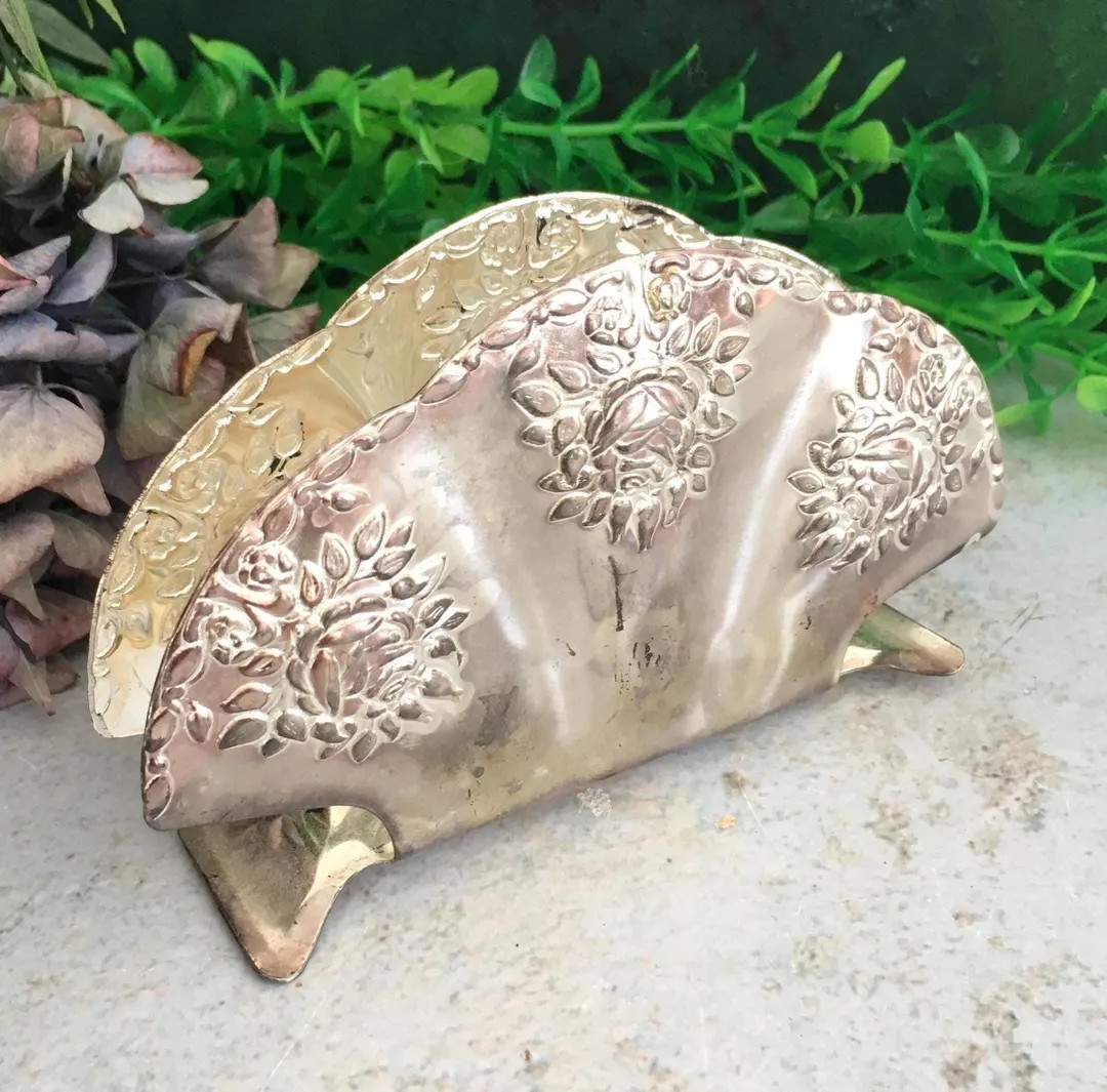 Napkin Holder, Silver Plated Ornate Repousse Dish, Embossed Roses, Dinner Table Decor, Scandinavi... | Etsy (US)