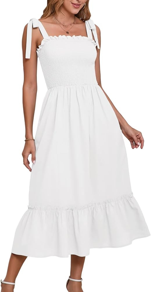 Women Square Neck Ruffle Maxi Dress 2025 Summer Boho Beach Cotton Linen A-Line Spaghetti Strap Lo... | Amazon (US)