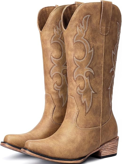 Cowboy Boots for Women - Mid Calf Cowgirl Boots Western Chunky Heel Pointed Toe Boot with Retro E...