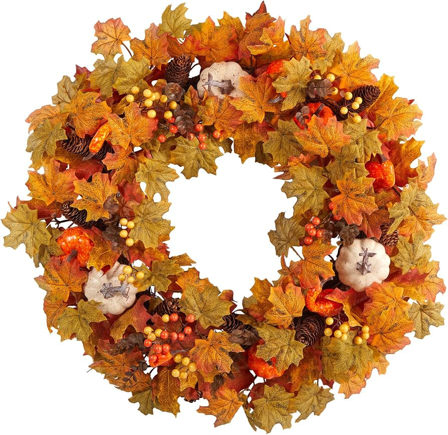 Nearly Natural 30 in Artificial Autumn Pumpkin Maple Leaf Wreath Wall Decor | Amazon (US)