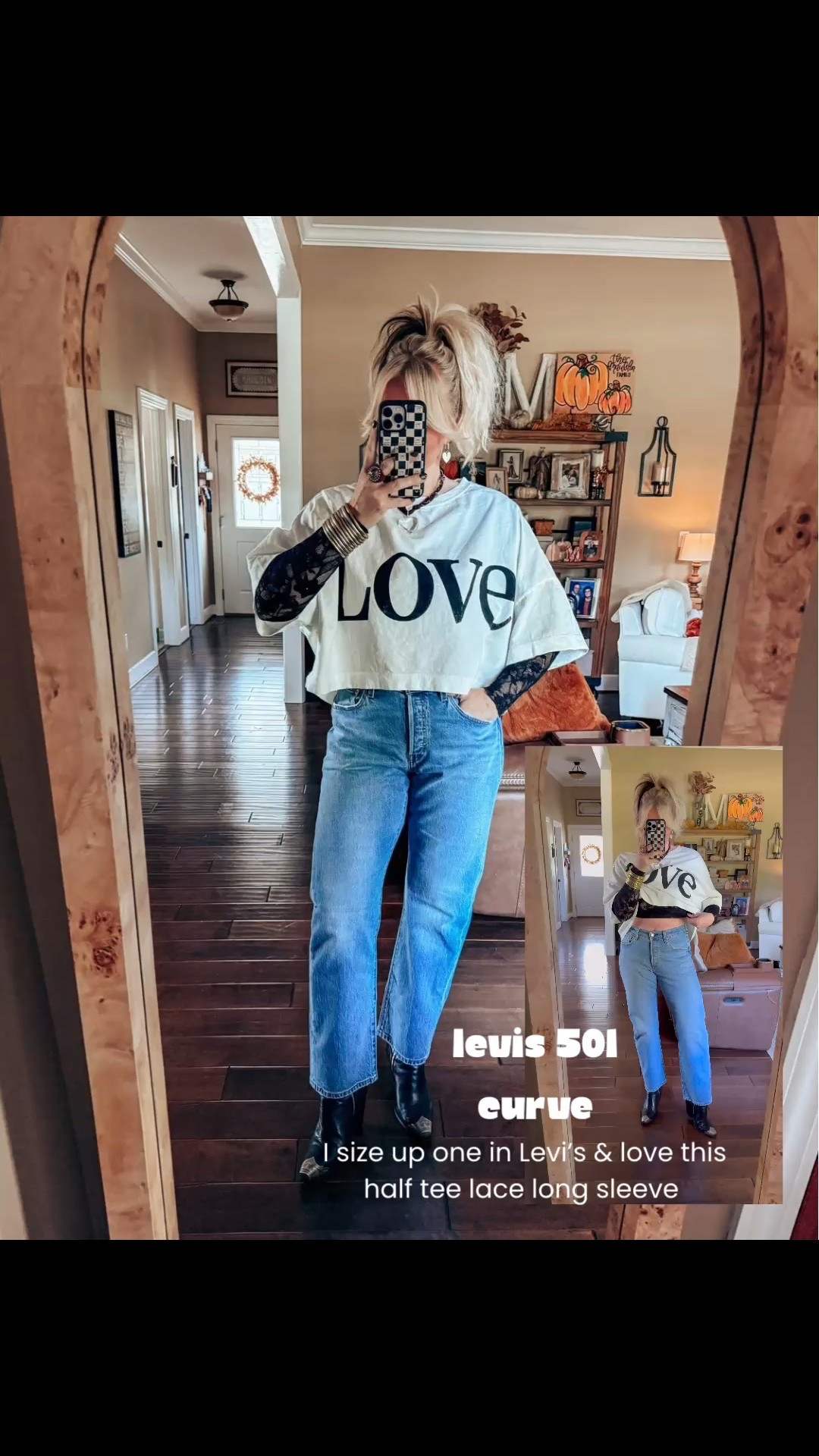 These are the 501 curve and I sized up one from my true size. I’m normally a 29 & these are a 30. I’m also 5’6 
This black lace half tee is so fun to layer!  It’s stretchy and very comfy too. 


#LTKOver40 #LTKFindsUnder50 #LTKStyleTip