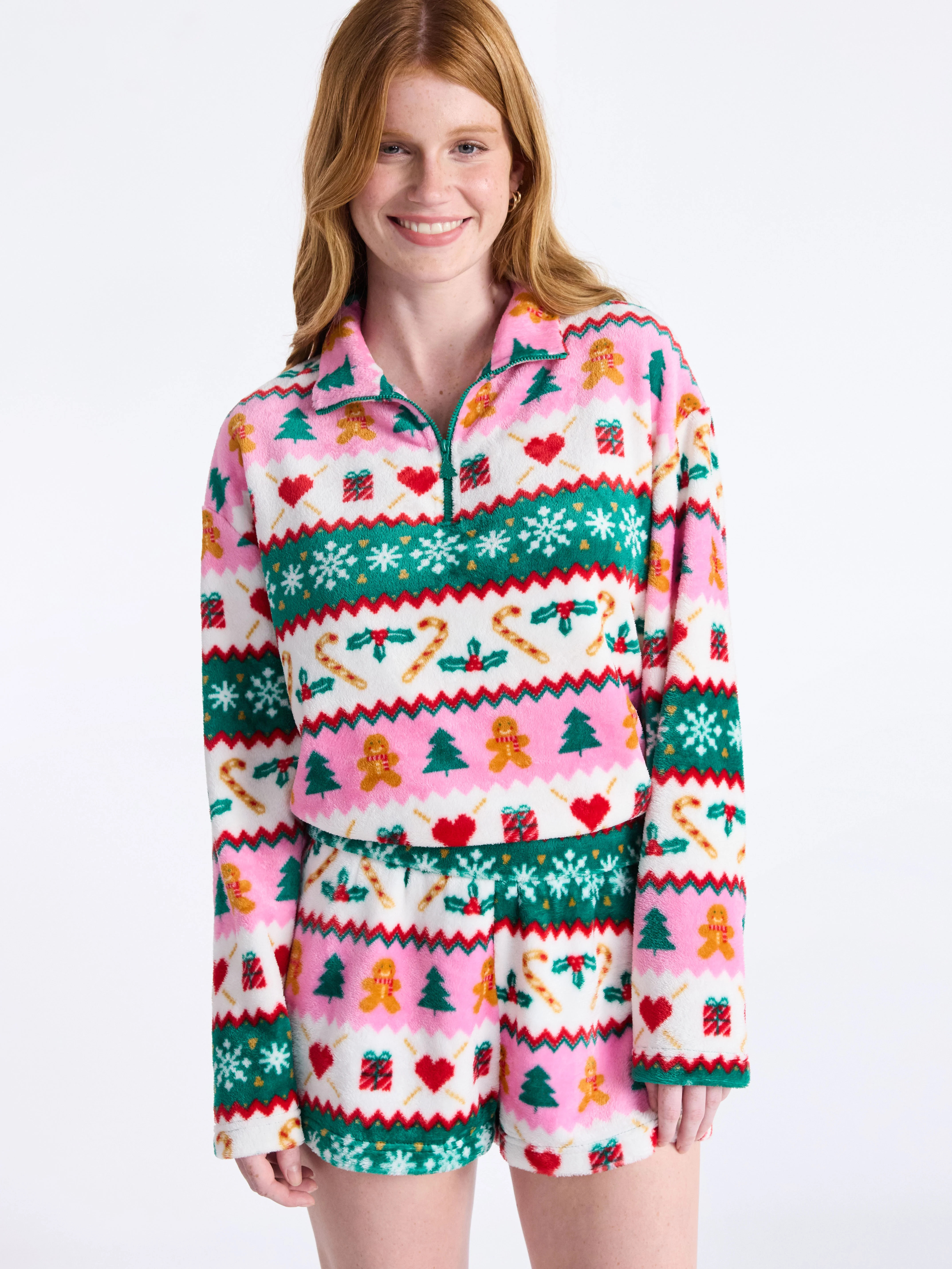 No Boundaries Christmas Quarter Zip Mock Neck Plush Top with Long Sleeves, Women's | Walmart (US)