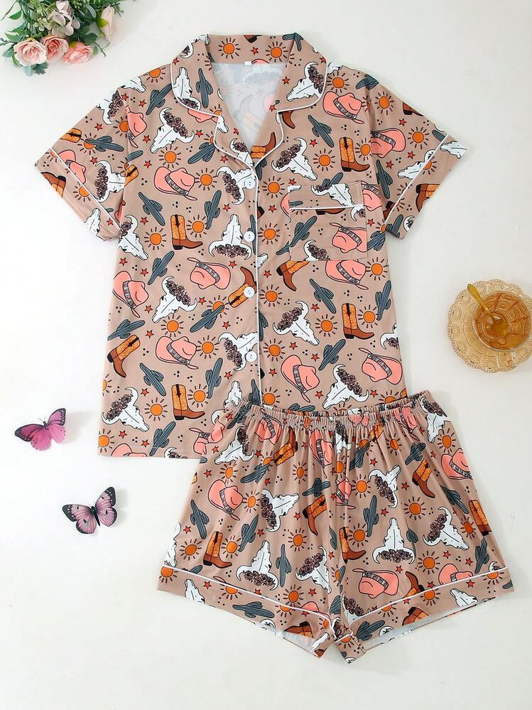 [Livanti Pajamas]2pcs/Set Women Sleepwear Set, Cooling Short Sleeve, Lapel Button Front Short Sleeve, Comfortable Loose Fit, Cartoon Floral Cowboy Boot Pattern, Suitable For All Seasons | SHEIN