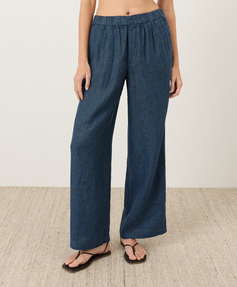 Women's Navy Yarn Dye Linen Easy Trouser Pant XS | Pact Apparel