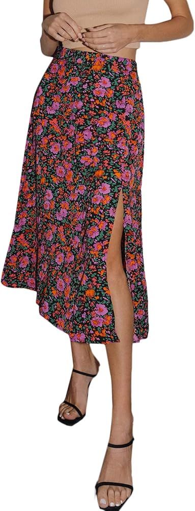 Amazon.com: Floerns Women's Boho Floral High Waist Split A Line Midi Skirt Pink Floral Multi M : ... | Amazon (US)