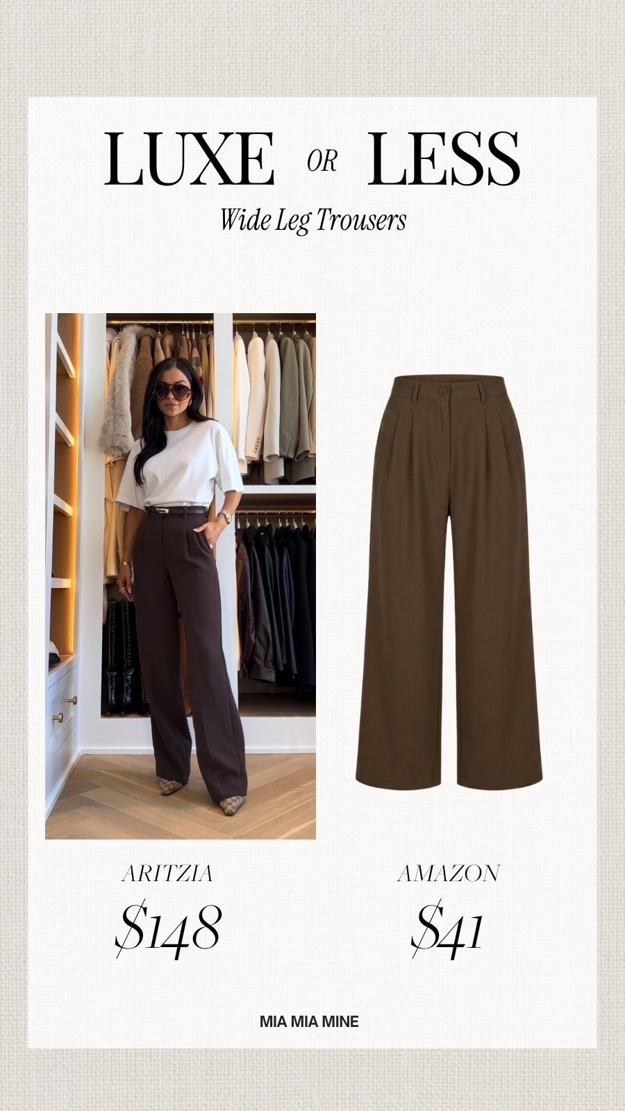 Luxe or less / save or splurge pieces in my wardrobe 
Aritzia wide leg trousers
Amazon wide leg trousers 
Summer to fall workwear

#LTKOver40 #LTKPetite #LTKWorkwear