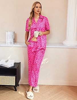 Ekouaer Womens Silk Satin Pajama Sets 2 Piece Pjs Button Down Sleepwear Wide Leg Long Pants Loung... | Amazon (US)