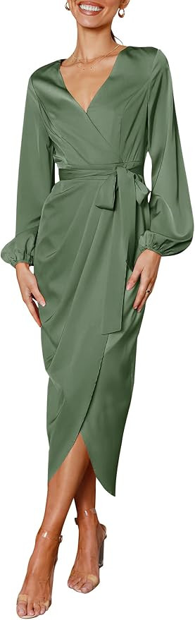 PRETTYGARDEN Women's Maxi Satin Puff Sleeve Wrap V Neck Ruched Belted Long Formal Cocktail Dresse... | Amazon (US)