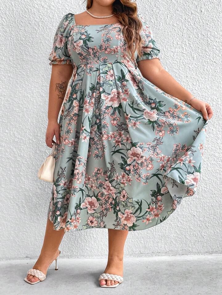 SHEIN CURVE+ Plus Size Women's Floral Printed Bubble Sleeve Dress | SHEIN