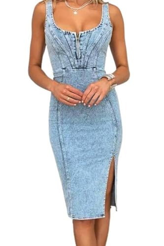 Women's Denim Dress Sleeveless Side Slit Bodycon Midi Jean Scoop Neck Dresses (Blue, M) | Amazon (US)