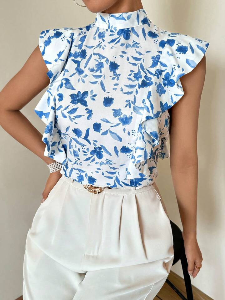 SHEIN Privé Women Sleeveless Shirt With Floral Print, Ruffled Hemline, High Neck And Bow Tie Acc... | SHEIN
