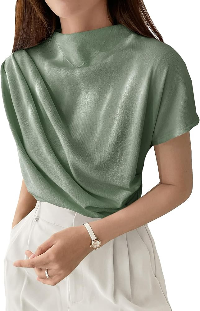 OYOANGLE Women's Ruched Draped Front Mock Neck Short Sleeve Solid Tee Shirt Top | Amazon (US)