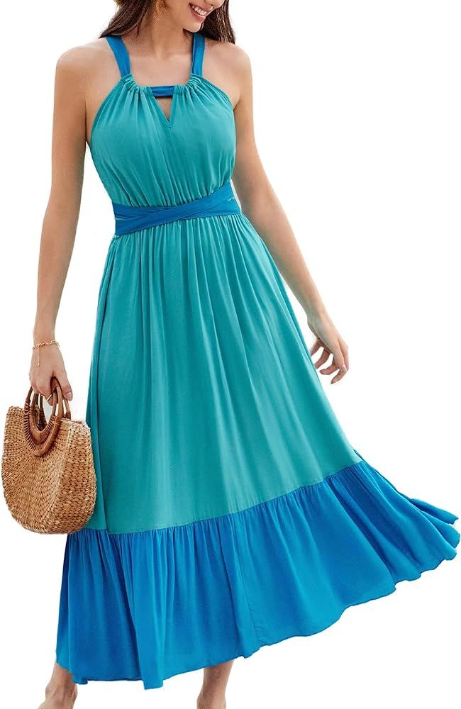 GRACE KARIN Women Patchwork Aline Dress 2024 Casual Summer Vacation Halter V Neck Cross Back Maxi... | Amazon (US)