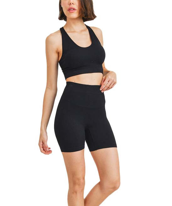 Kimberly C Women's Active Shorts Black - Black Seamless Ribbed Scoop Neck Racerback Crop Top & Bike  | Zulily