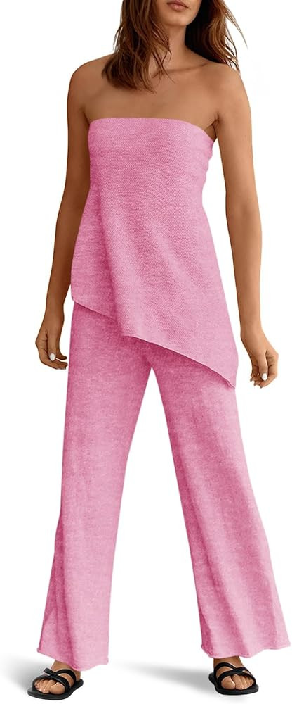 Tankaneo Womens 2 Piece Outfits Asymmetrical Tube Top Wide Leg Pants Knit Vacation Travel 2026 Ma... | Amazon (US)