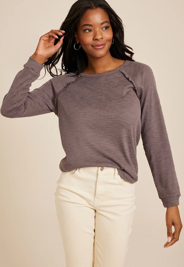 Raglan Long Sleeve Ruffle Trim Tee | Maurices