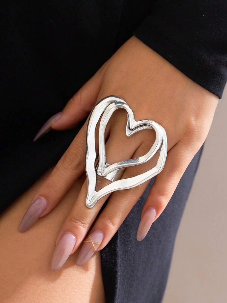 1pc Adjustable Fashionable Silver Ring, 1pc Large Chunky Multilayer Heart Shaped Ring, 1pc Women's Bohemian Style Big Silver Ring, A Gift For Her Valentines,Mom,Mother,Mother's Day,Gift | SHEIN
