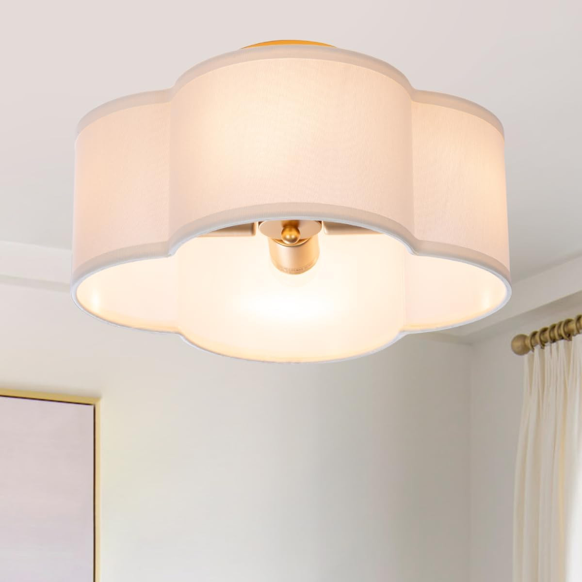 VILUXY Modern Flush Mount Ceiling Light Fixture Farmhouse White Fabric Semi Ceiling Lamps with Gold 4 Lights Drum Shade for Bedroom Dining Room Entryway Hallway Nursery | Amazon (US)