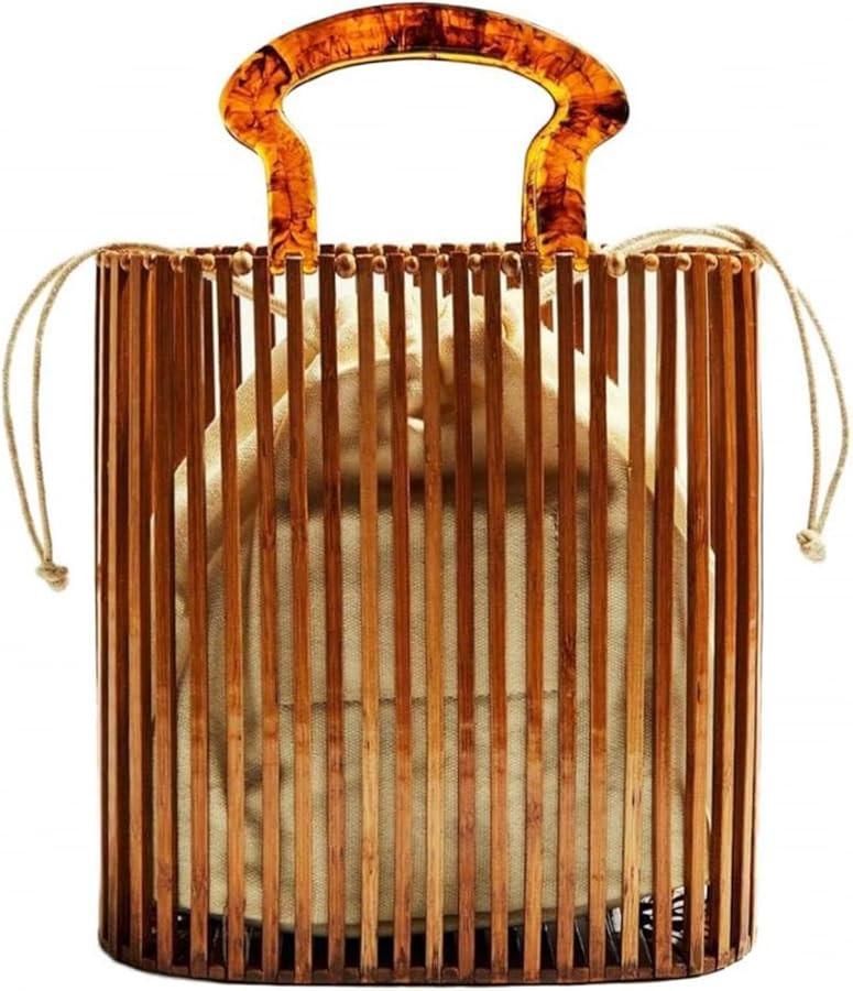 Womens Fashion Bamboo Bag with Acrylic Handle Bucket Bag Summer Beach Clutch Purse Handbags | Amazon (US)