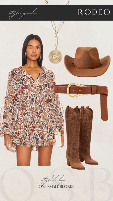 Rodeo outfit style idea 🖤 floral MISA mini dress on sale, western hat, brown belt, brown boots and gold necklace  

#LTKstyletip #LTKparties #LTKSeasonal