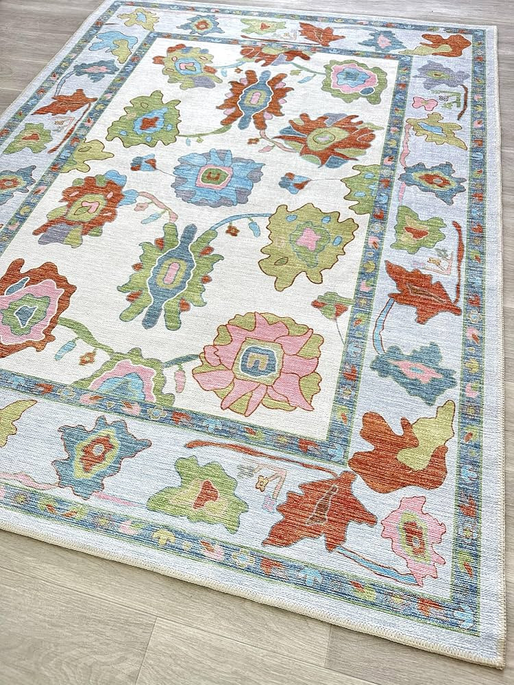 Colorful Oushak Rug, Modern, Vintage, Turkish, Eclectic, Floral, Pastel, Washable, Large Area Rug... | Amazon (US)