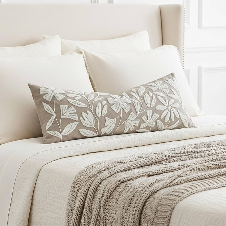 BlissBlush 14x36 Lumbar Pillow Cover for Bed, Taupe Rectangular Long Throw Pillowcase, Embroidere... | Amazon (US)