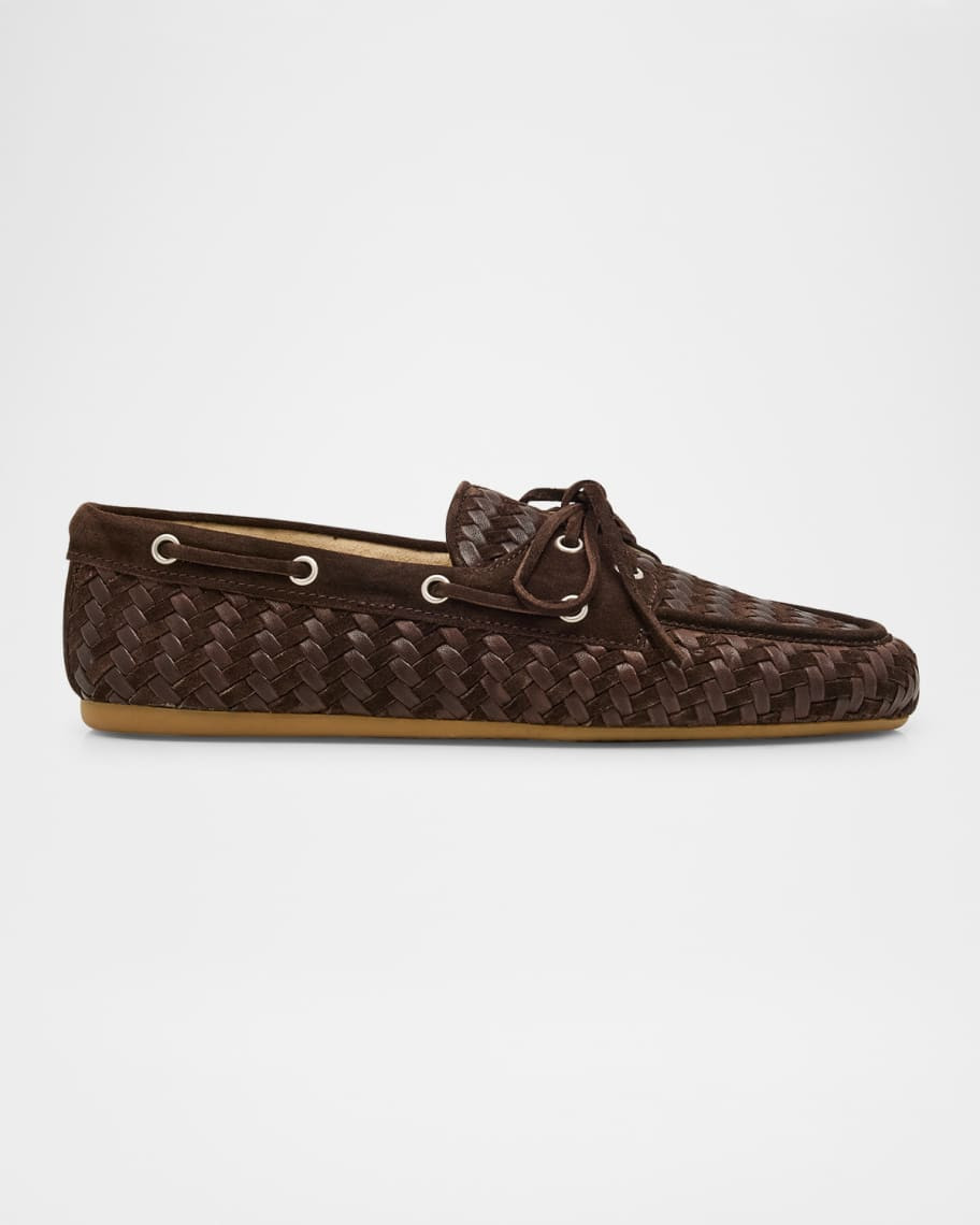 Miu Miu Bow Woven Suede & Leather Boat Shoes | Neiman Marcus