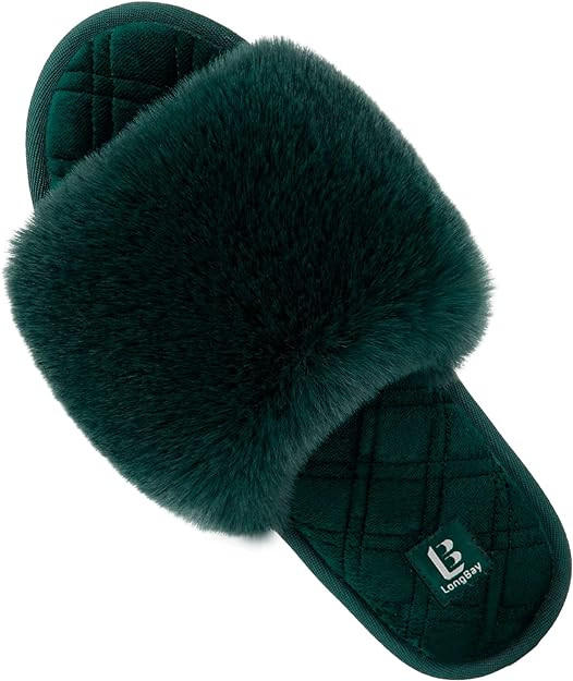 LongBay Women's Fuzzy Faux Fur Memory Foam Cozy Flat Spa Slide Slippers Comfy Open Toe Slip On Ho... | Amazon (US)