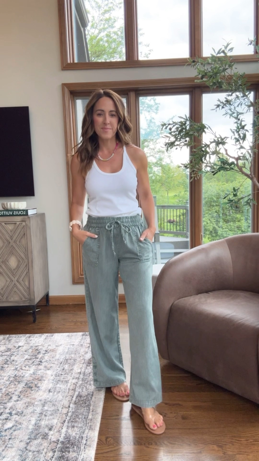 Subtle green stripe on these wide leg pants. XS. 
Classic white tank. XS
Exact necklace color: sunshower

#LTKootd #LTKmomlife #LTKgrwm