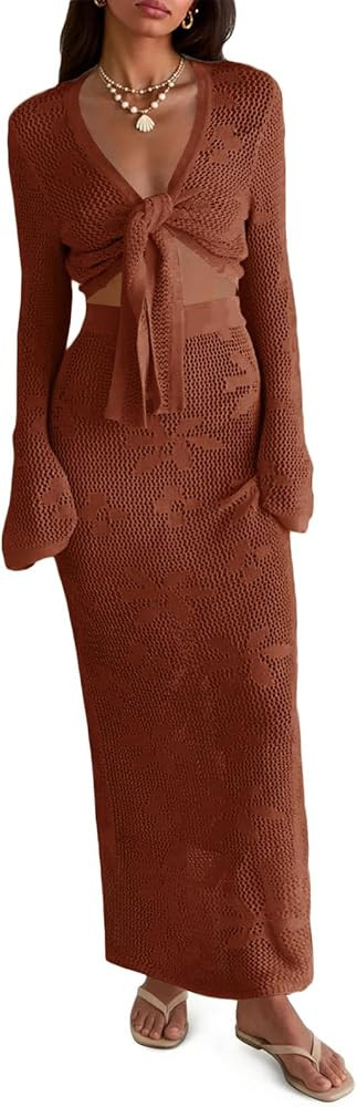 Saodimallsu Womens Crochet Swim Cover Up 2 Piece V Neck Long Sleeve Wrap Tie Crop Tops Beach Boho... | Amazon (US)