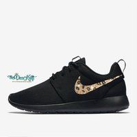 Womens Nike Roshe One Black With Leopard Crystal Swoosh Swarovski Bling Sneakers, Running Shoes, Ten | Etsy (US)