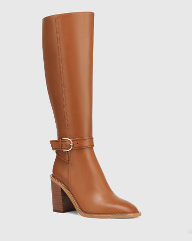 Pheo Dark Cognac Leather Block Heel Long Boot | Wittner