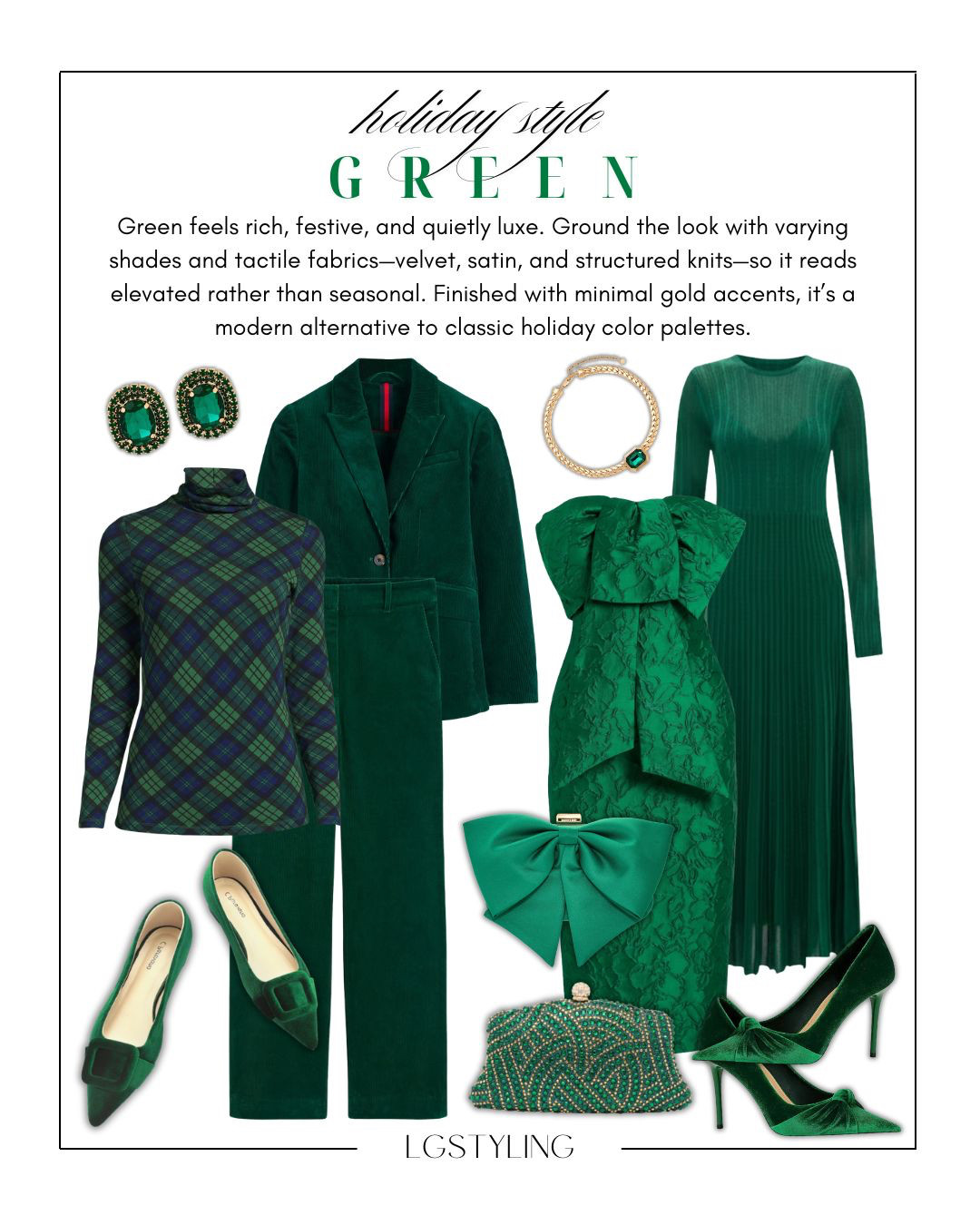Holiday Style: Green 🎄

Green feels rich, festive, and quietly luxe—especially when layered in varying tones and textures. Mixing velvet, satin, structured knits, and soft tailoring keeps the look elevated rather than overly seasonal. Finish with minimal gold accents or tonal accessories to let the color story shine. Whether you opt for a tailored suit, statement dress, or velvet heels, green is a modern alternative to traditional holiday color palettes.

✨ Styling tip: Stick to one color family and vary texture for depth and polish.

#LTKHoliday #LTKStyle #LTKParty #HolidayGreen #GreenOutfit #FestiveStyle #ChicHoliday #QuietLuxury #LTKFashion #ShopMyLook

 

#LTKFindsUnder100 #LTKHoliday #LTKSaleAlert