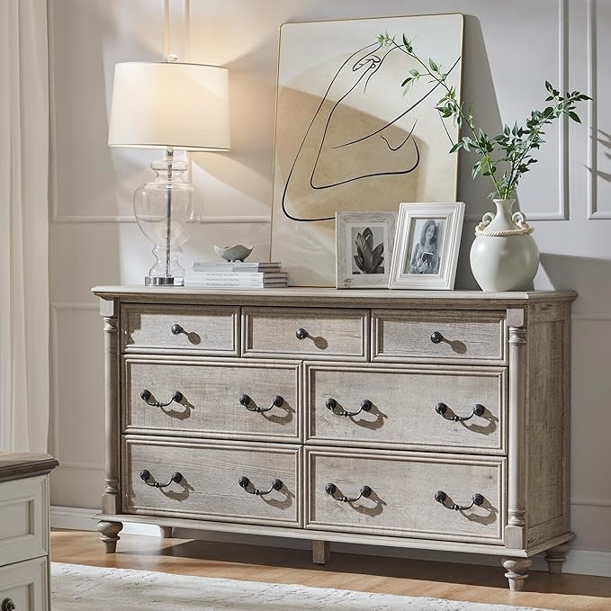 T4TREAM Farmhouse 7 Drawers Dresser Chests for Bedroom w/ 4 Solid Wood Feet & Column Decor, Tall ... | Amazon (US)