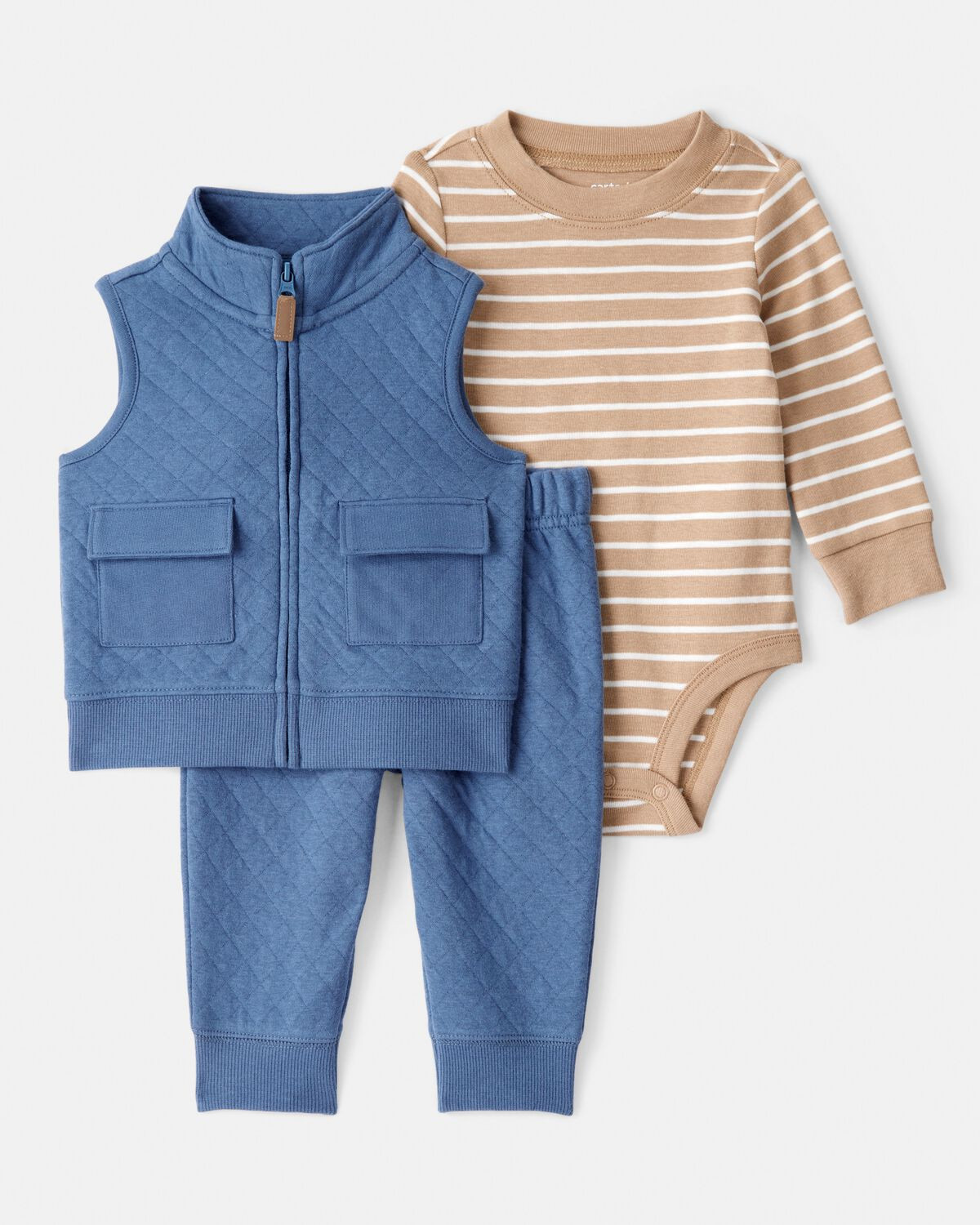 Baby Boy 3-Piece Quilted Vest Outfit Set - Blue/Brown | Carter's Inc