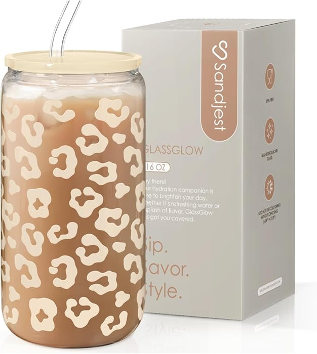 SANDJEST Leopard Glass Can, Beige Leopard Print Cup with Lid & Straw, Iced Coffee Aesthetic Cups,... | Amazon (US)