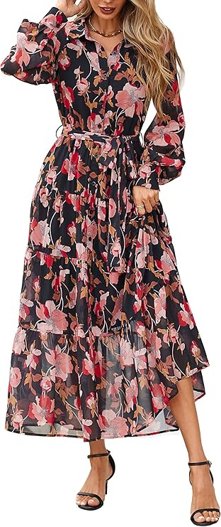 PRETTYGARDEN Women's Fall Dress 2025 Casual Long Sleeve Button Down Belted Boho Floral Flowy Maxi... | Amazon (US)